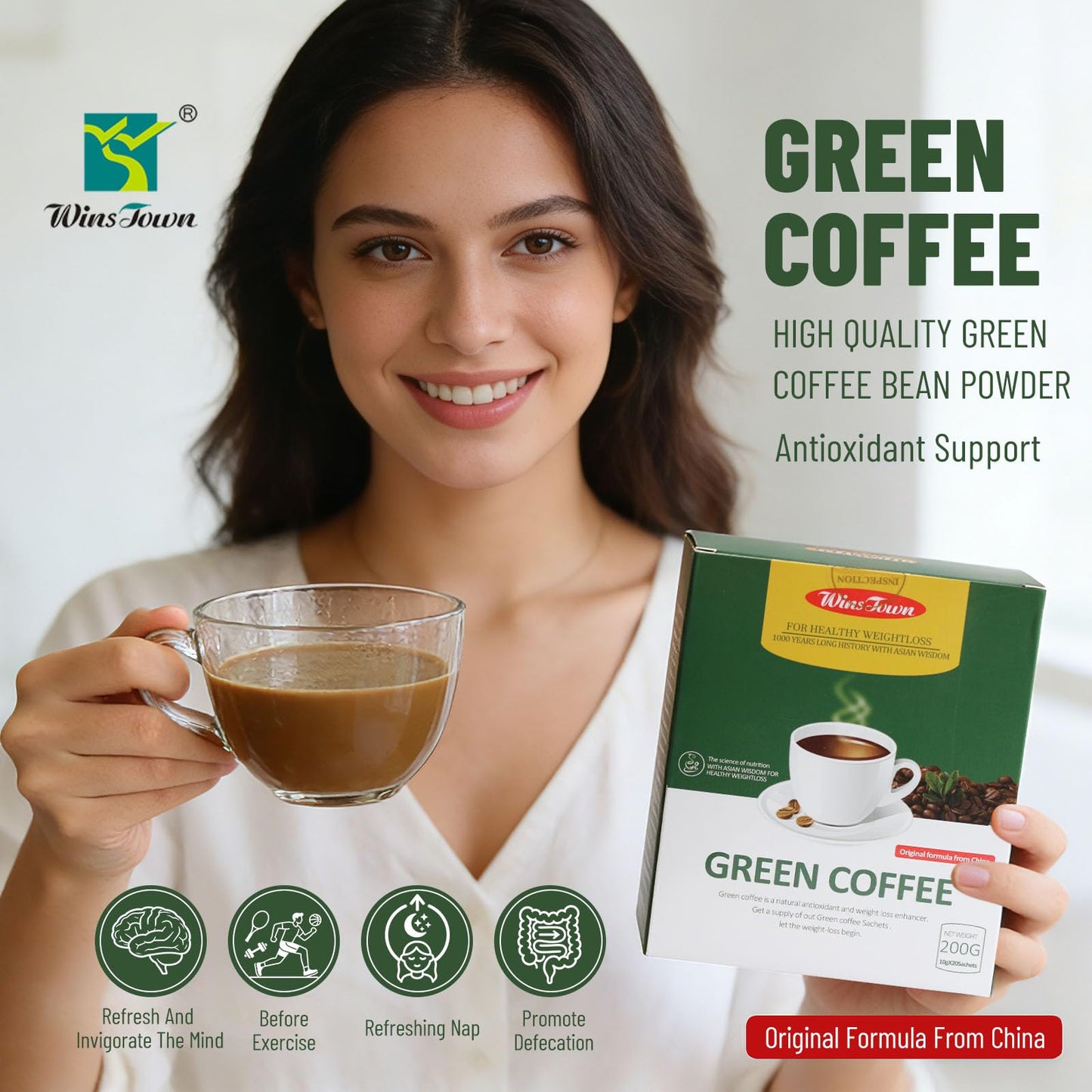Wins Town Slimming Green Coffee Powder, 20 Sachets