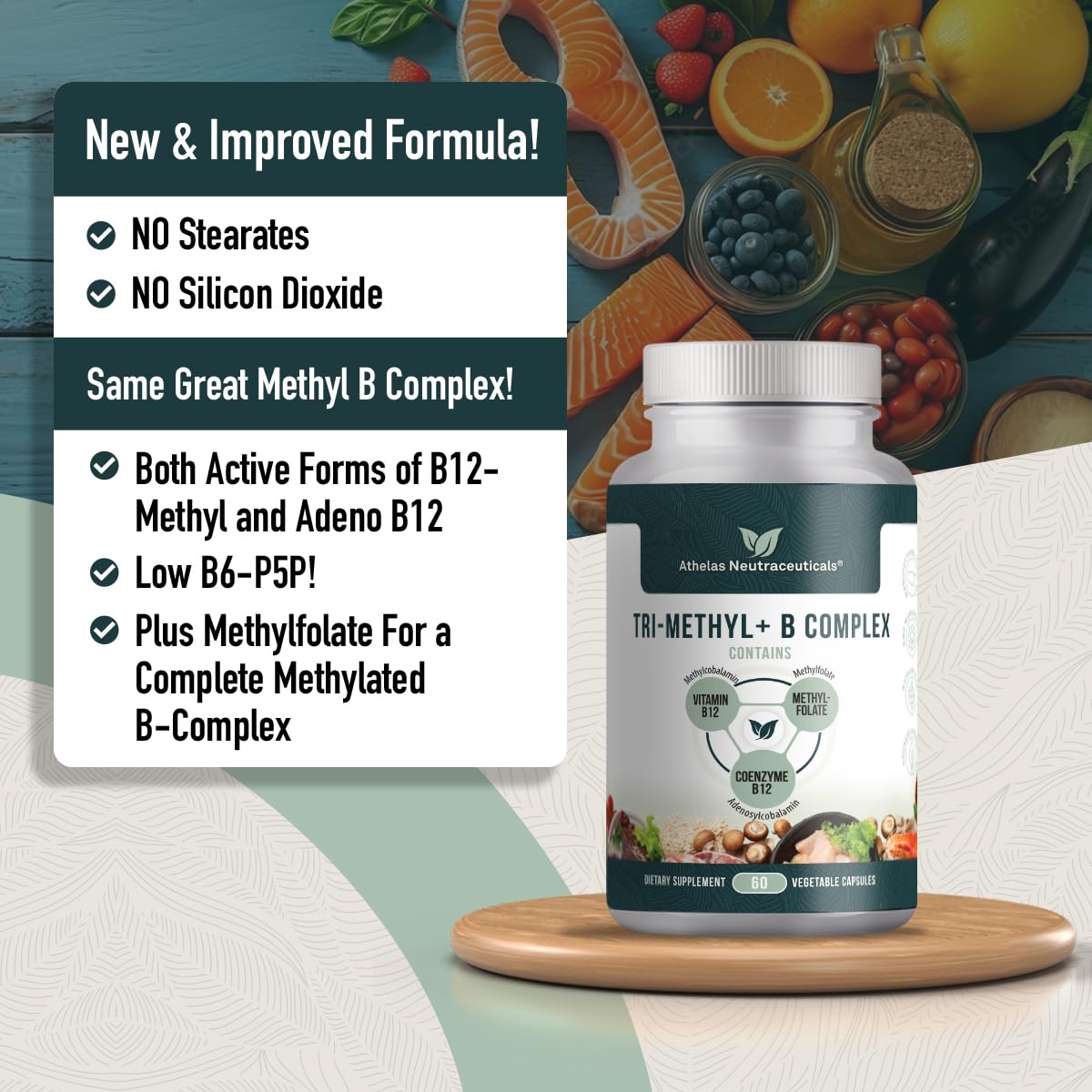 Athelas Neutraceuticals Tri-Methyl+ B Complex Methylated B Vitamins - Full Spectrum Methyl B Complex Vitamin Supplement For MTHFR Support with Active Forms of B12 Methylcobalamin, Adenosylcobalamin, and Methylfolate, 60 Capsules