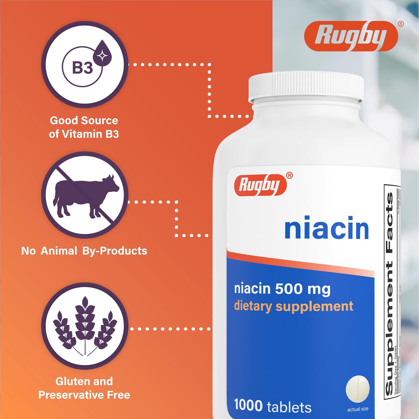 Rugby Laboratories Niacin 500mg Vitamin B3 Supplement for Men and Women, 1000 Tablets