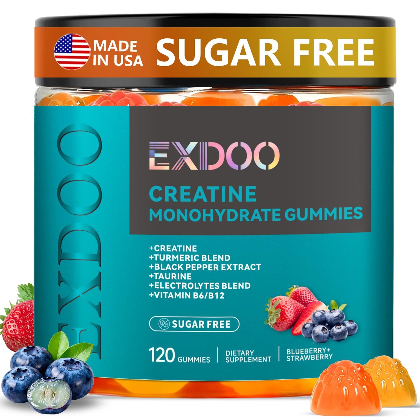 exdoo Creatine Monohydrate Gummies with Turmeric for Men and Women, Taurine Electrolyte for Strength, Energy & Muscle Support Pre-Workout, Sugar Free, 120 Gummies
