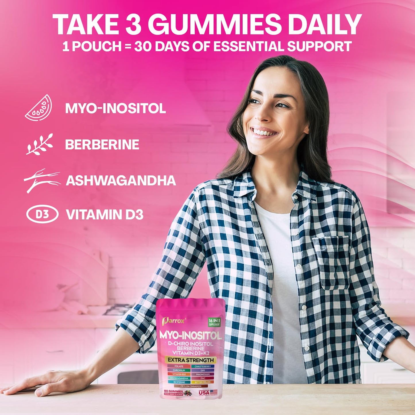 Parrox Myo-Inositol & D-Chiro Inositol Gummies with Berberine, Mixed Berry, 90 Count