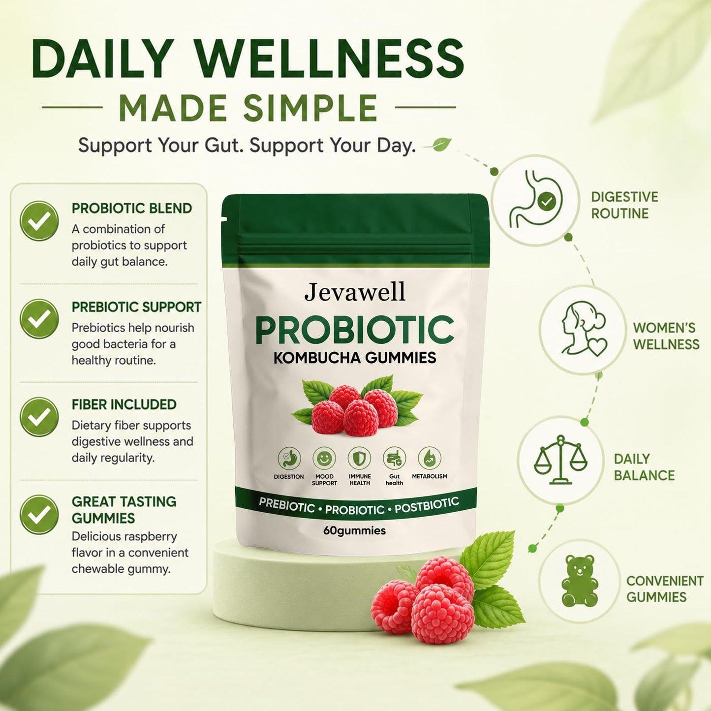 Hanachi Jevawell Kombucha Gummies with Prebiotics & Fiber, Infuse Probiotic Kombucha Gummies for Women with Slippery Elm, Dandelion Root & MCT Oil, Daily Digestive Wellness Supplement, 60 Gummies