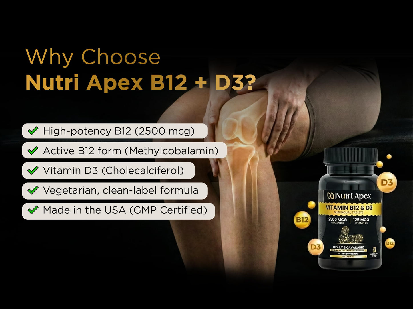 Nutri Apex Vitamin B12 2500mcg + Vitamin D3 5000 IU (125mcg) Sublingual Tablets, 120 Count