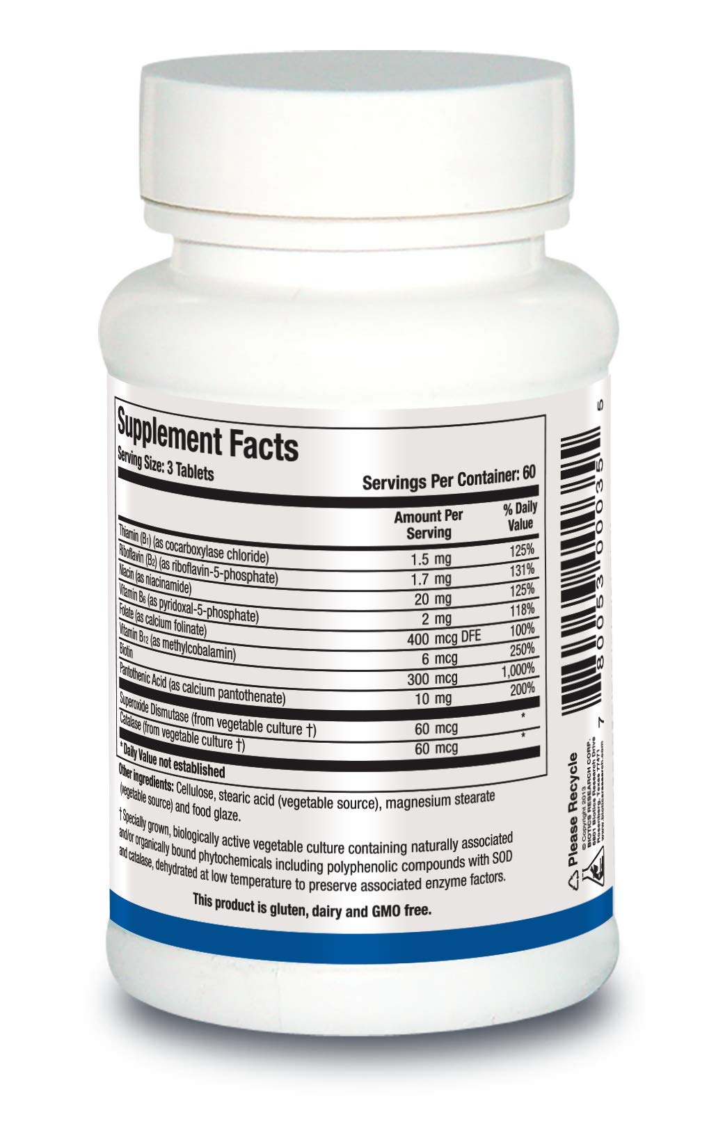 Biotics Research Bio-B 100 B Complex Vitamin with Phosphorylated B6, Riboflavin-5-Phosphate, Folate, B12, Niacin, Biotin, SOD and Catalase Antioxidant Enzymes, Gluten Dairy GMO Free, 180 Tablets