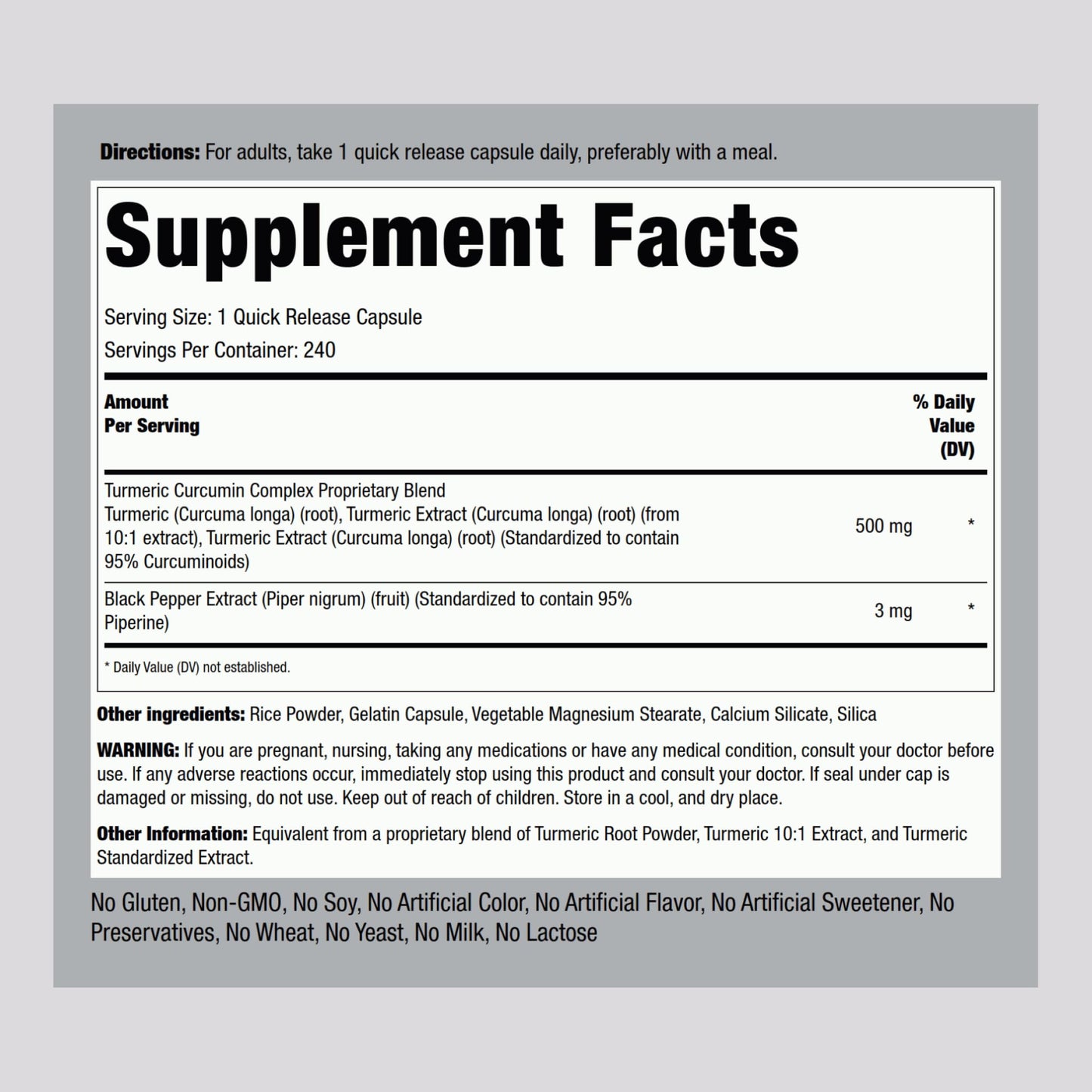Piping Rock Turmeric Curcumin Supplement 240 Capsules
