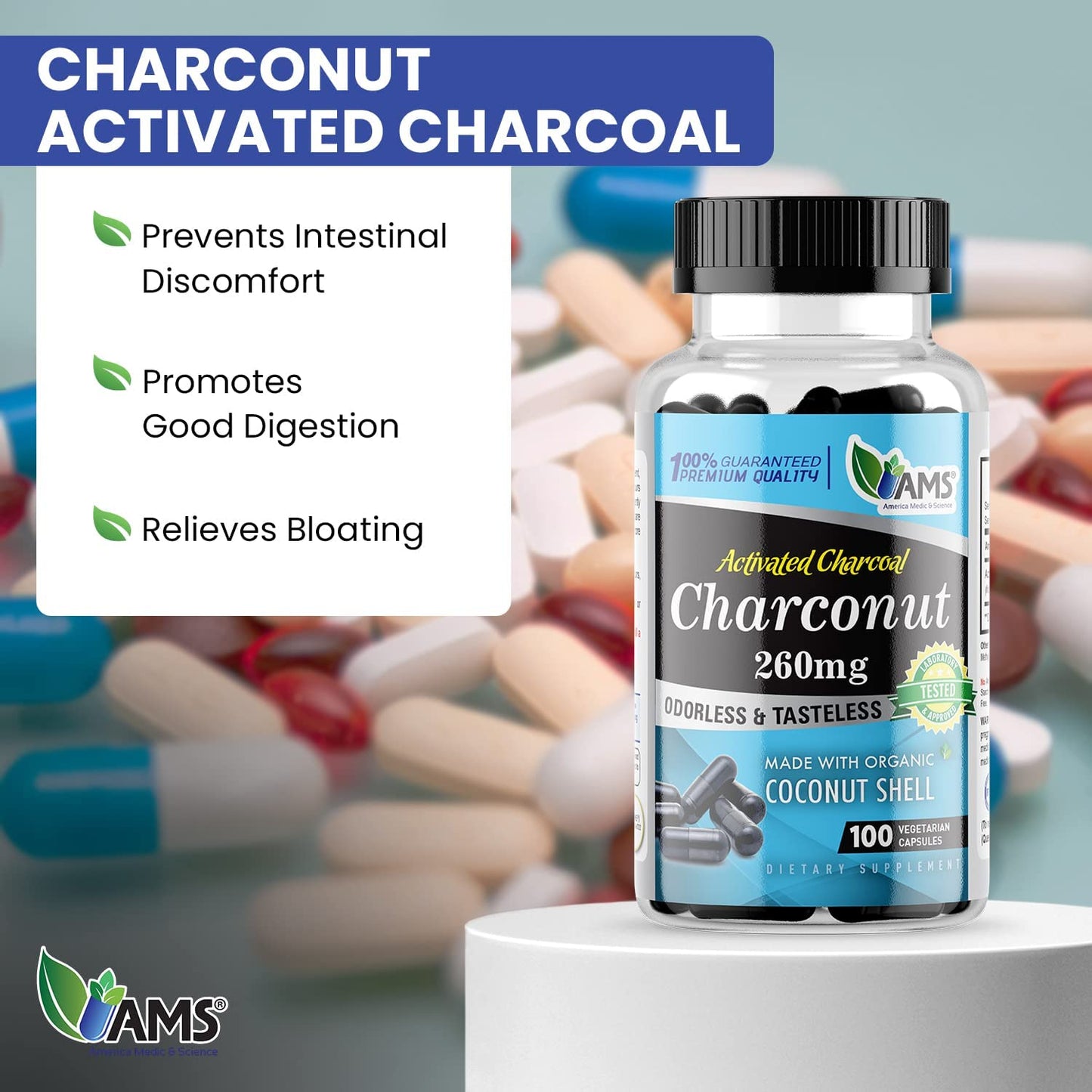 America Medic & Science Charconut 260mg Activated Charcoal Capsules, 200 Capsules