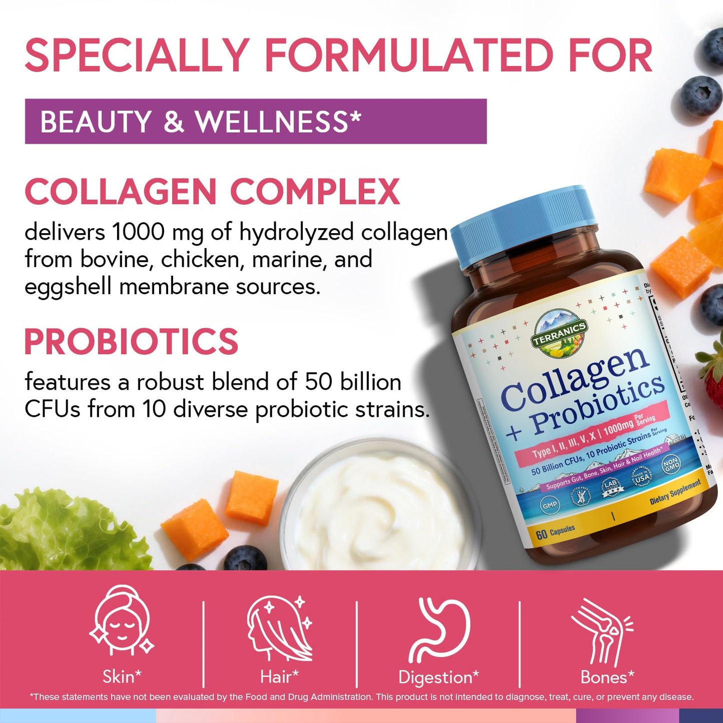 Terranics Multi Collagen Peptides Type I, II, III, V, X, 1000 mg Per Serving with Probiotics 50 Billion CFUs, 10 Strains, Supports Skin, Bone & Gut Health, Non-GMO, 60 Capsules