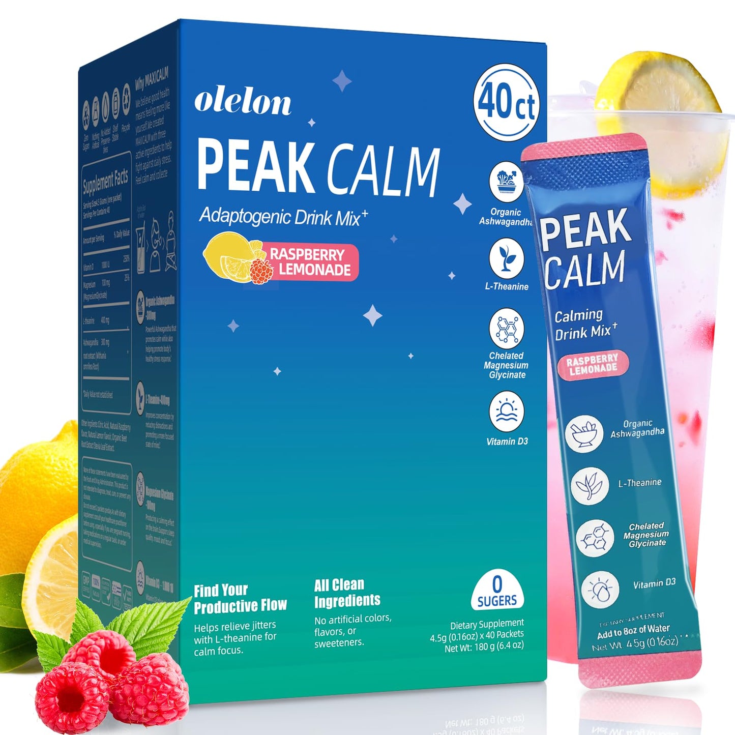 OLELON Super Cortisol Calm Magnesium Glycinate Powder with Ashwagandha, L-Theanine & Vitamin D3, Raspberry Lemonade, No Sugar, 40 Count