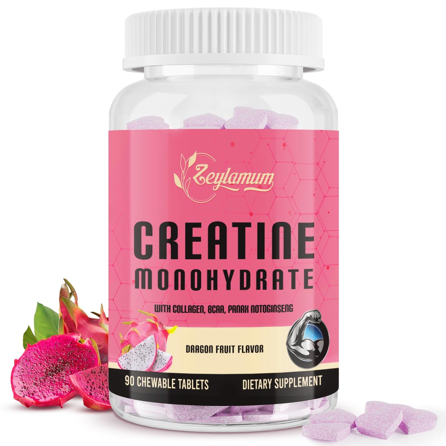 Zeylamum Creatine for Women Chewable, 3G Creatine with Hydrolyzed Collagen & BCAA, 90 Count
