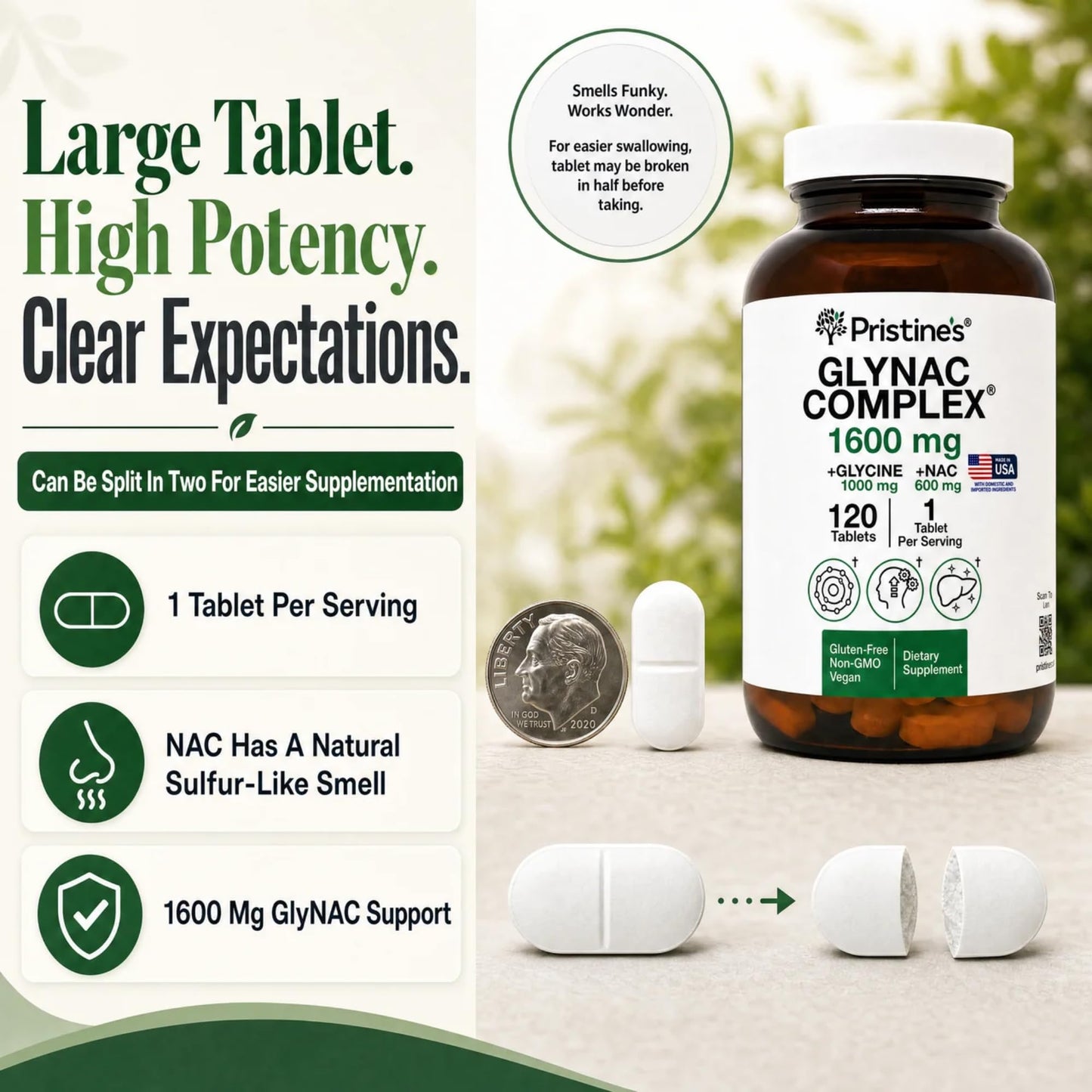 PRISTINE'S GlyNAC Complex 1600mg with Glycine 1000mg + NAC 600mg, Glutathione & Antioxidant Support, 120 Tablets
