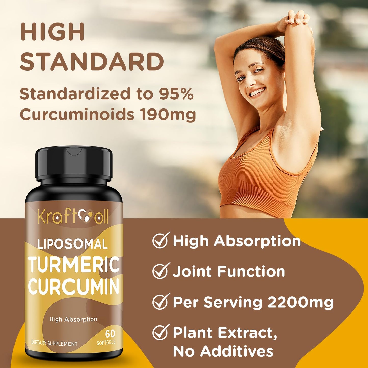 Kraftvoll Liposomal Turmeric Curcumin 2200 mg with Black Pepper for Enhanced Absorption and Joint Support Softgels 120