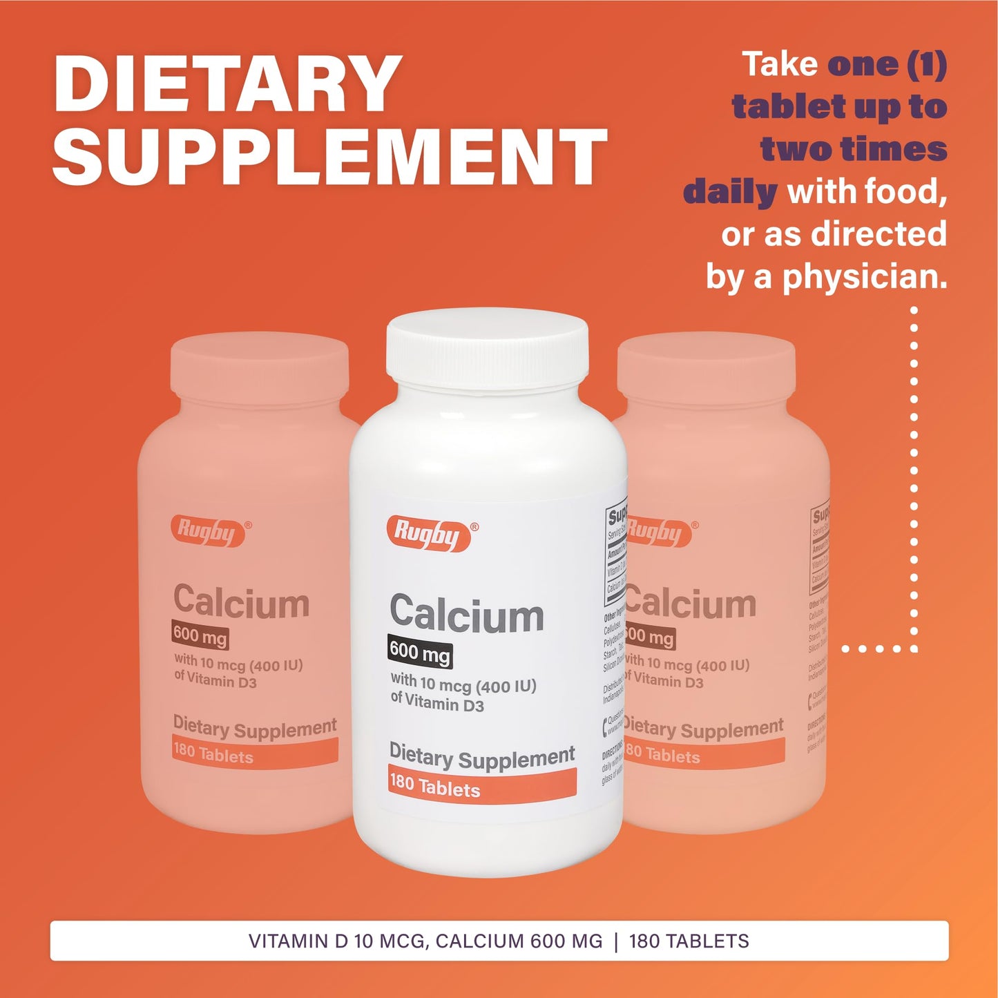 Rugby Laboratories Calcium Tablets 600mg with Vitamin D3 400IU (10mcg) 180 Tablets