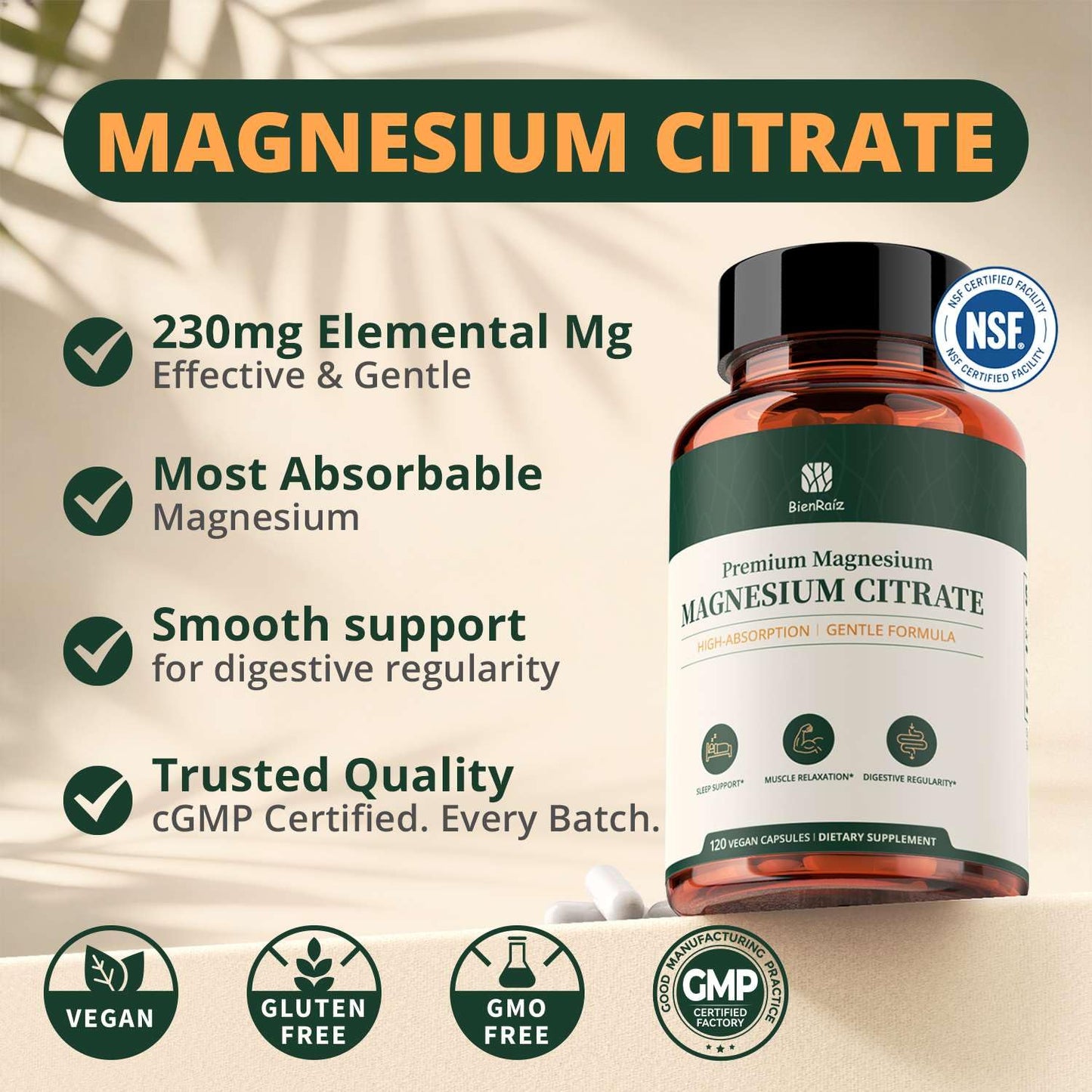 BienRaíz Magnesium Citrate 230mg Elemental Magnesium Capsules, 120 Count