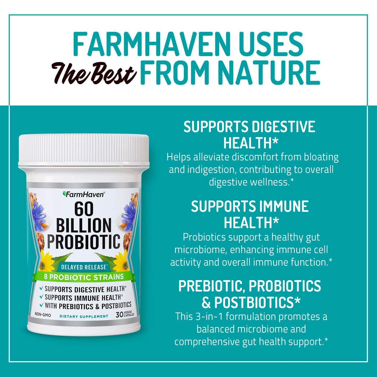 FarmHaven 60 Billion CFU Probiotic (8 Strains) Capsules, 30 Count