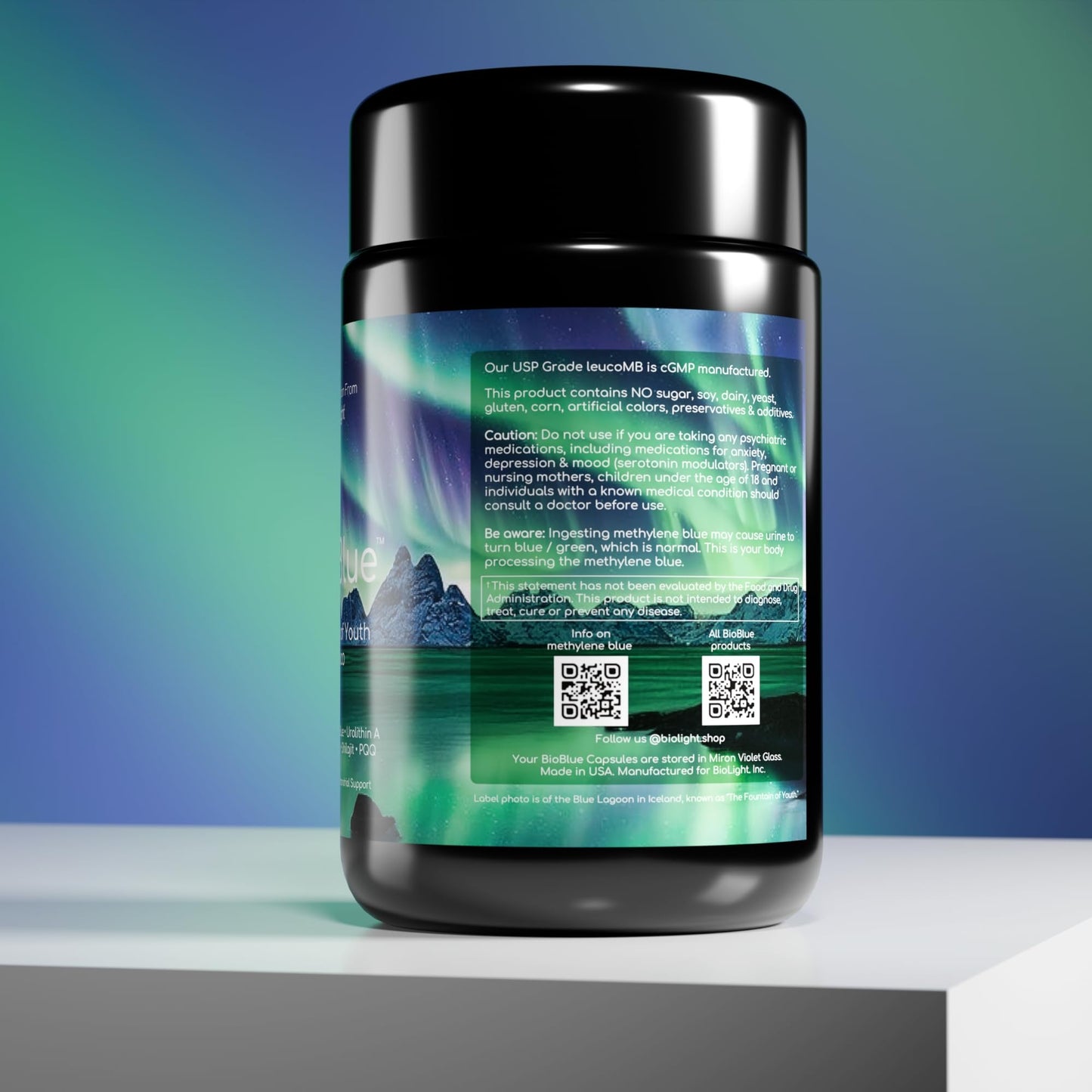 BIOLIGHT BioBlue Fountain of Youth Leuco – Leucomethylene Blue + Urolithin A + Mushroom Blend + Shilajit + PQQ | Lion's Mane, Cordyceps & Chaga | Mitochondrial Support, Cognitive & Cellular Energy, Longevity, 120 Capsules