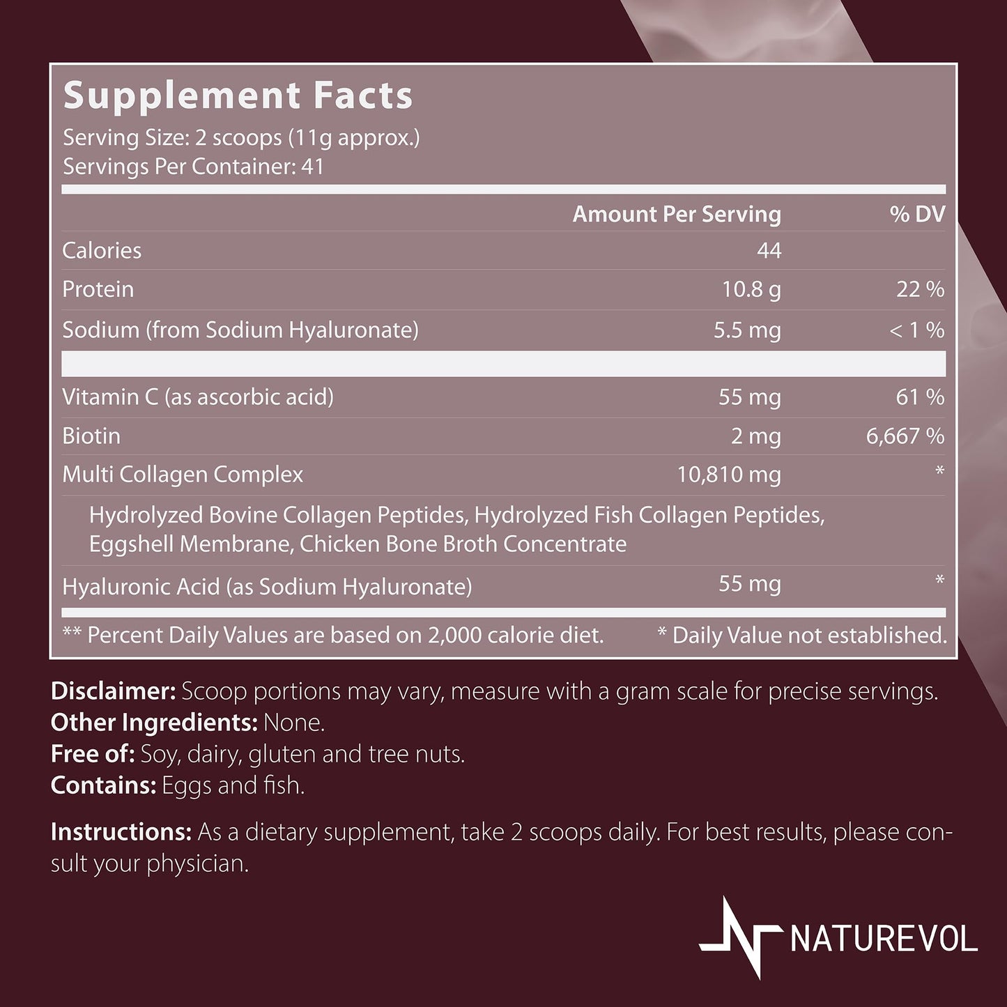 NATUREVOL Multi Collagen Peptides Powder – Hydrolyzed Types I, II, III, V, X with Biotin, Vitamin C & Hyaluronic Acid | Hair, Skin & Joints Support for Women & Men | Unflavored, 16 Servings