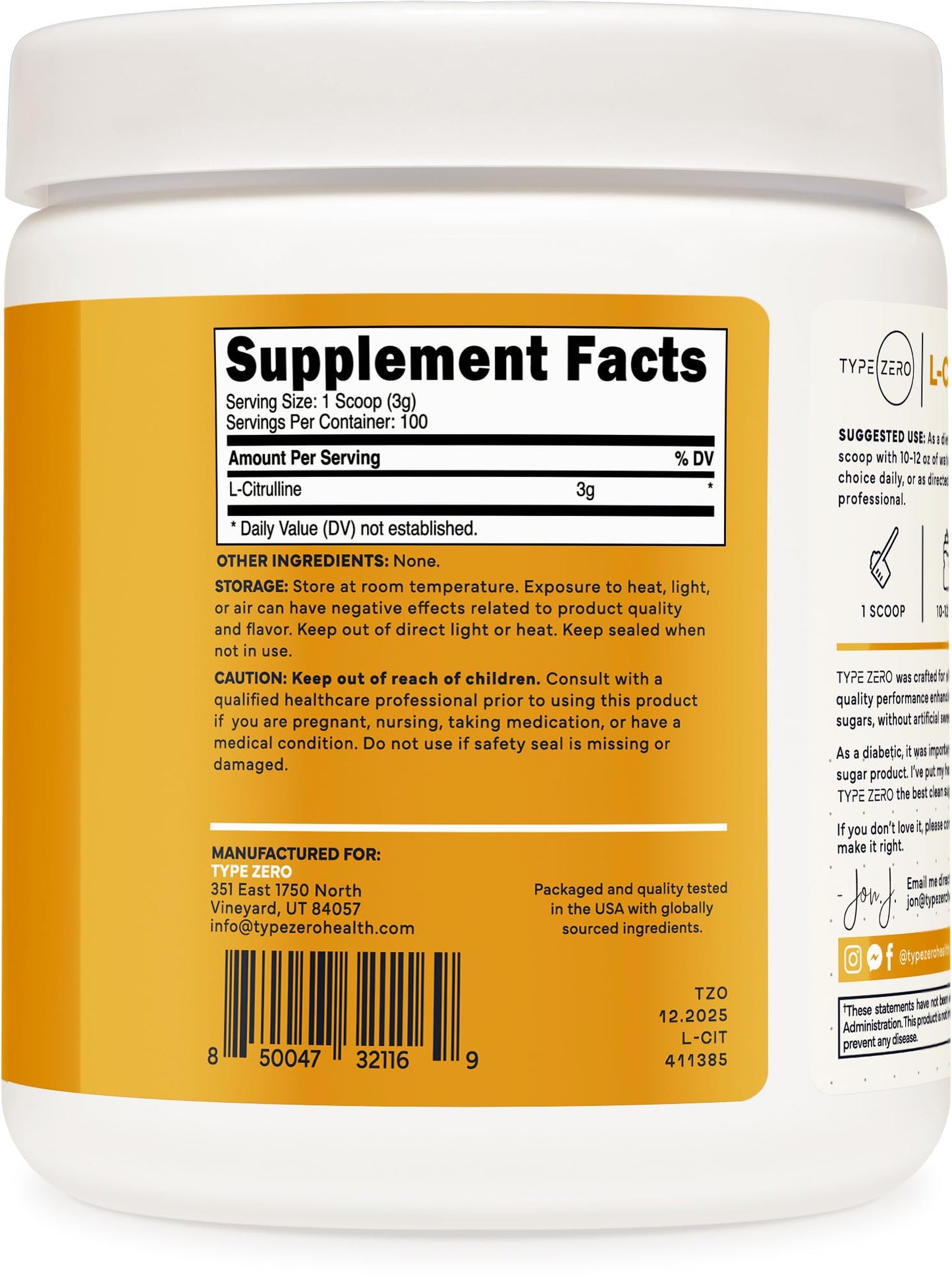 Type Zero L-Citrulline Base Powder 10.6 Ounce