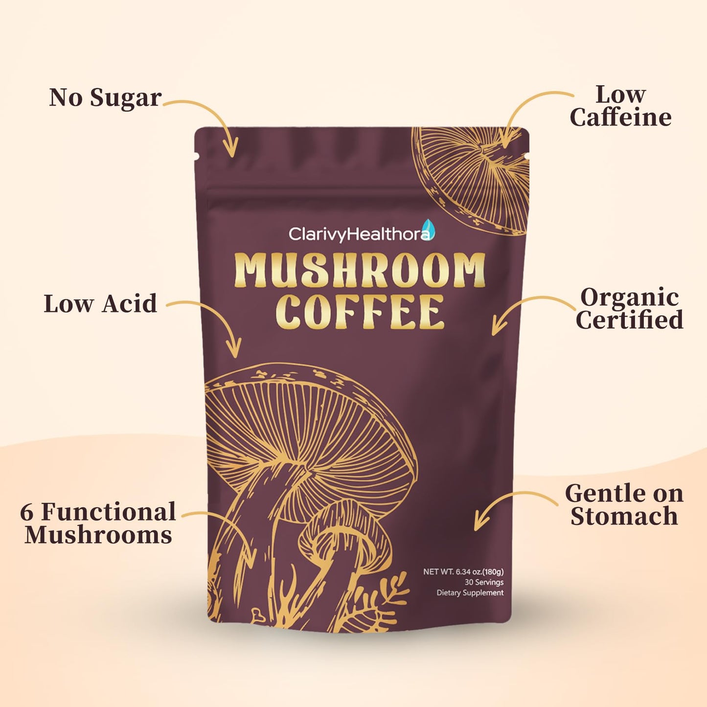 ClarivyHealthora Instant Mushroom Coffee Powder with Lions Mane & Turkey Tail, 6 Adaptogenic Mushrooms, 6.34 oz