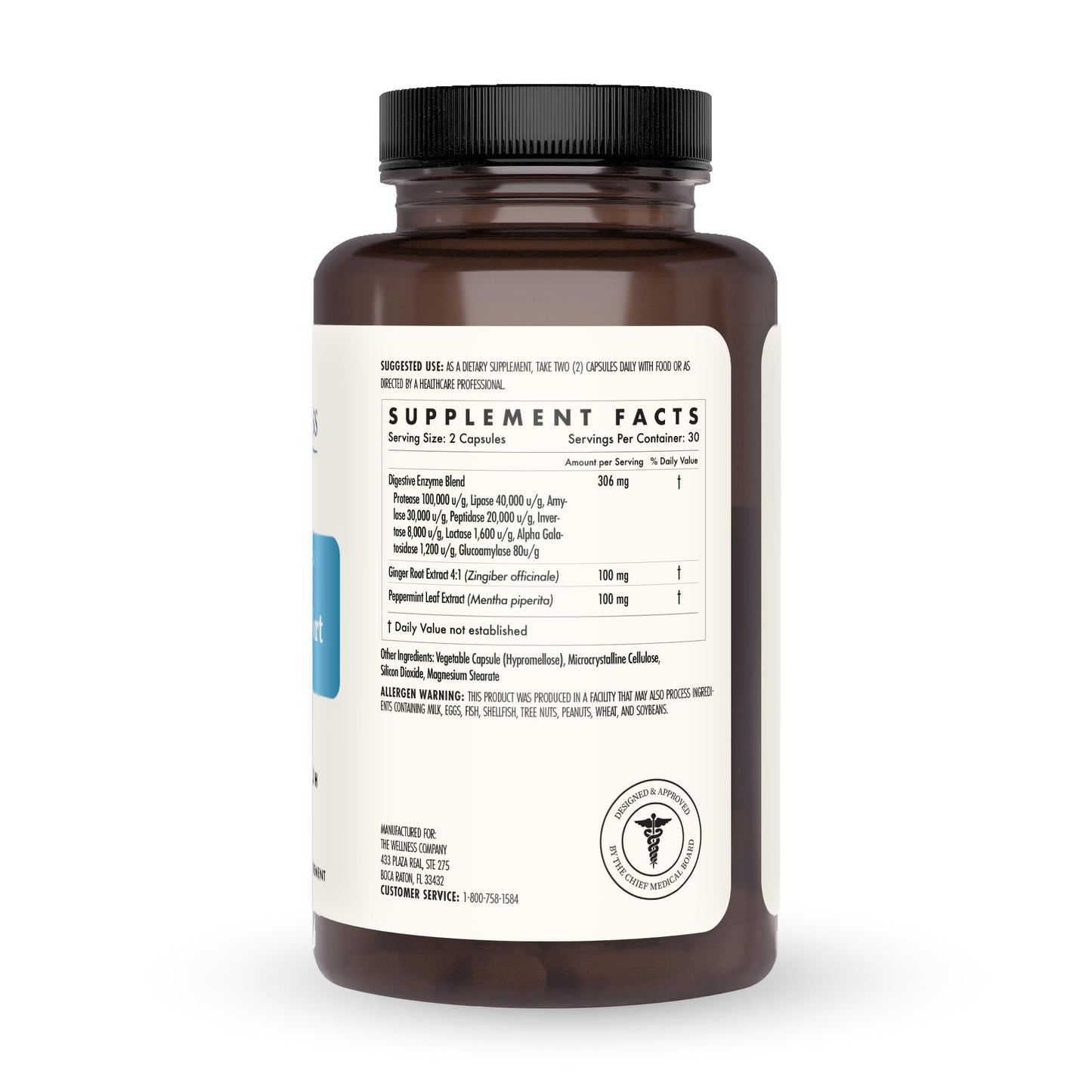 The Wellness Company Digestive Comfort - Bloat & Gas Relief, Anti-Heart Burn, IBS, Fast Acting, Gut Health - 5 Enzymes, Peppermint & Ginger Root Capsules, 60 Count