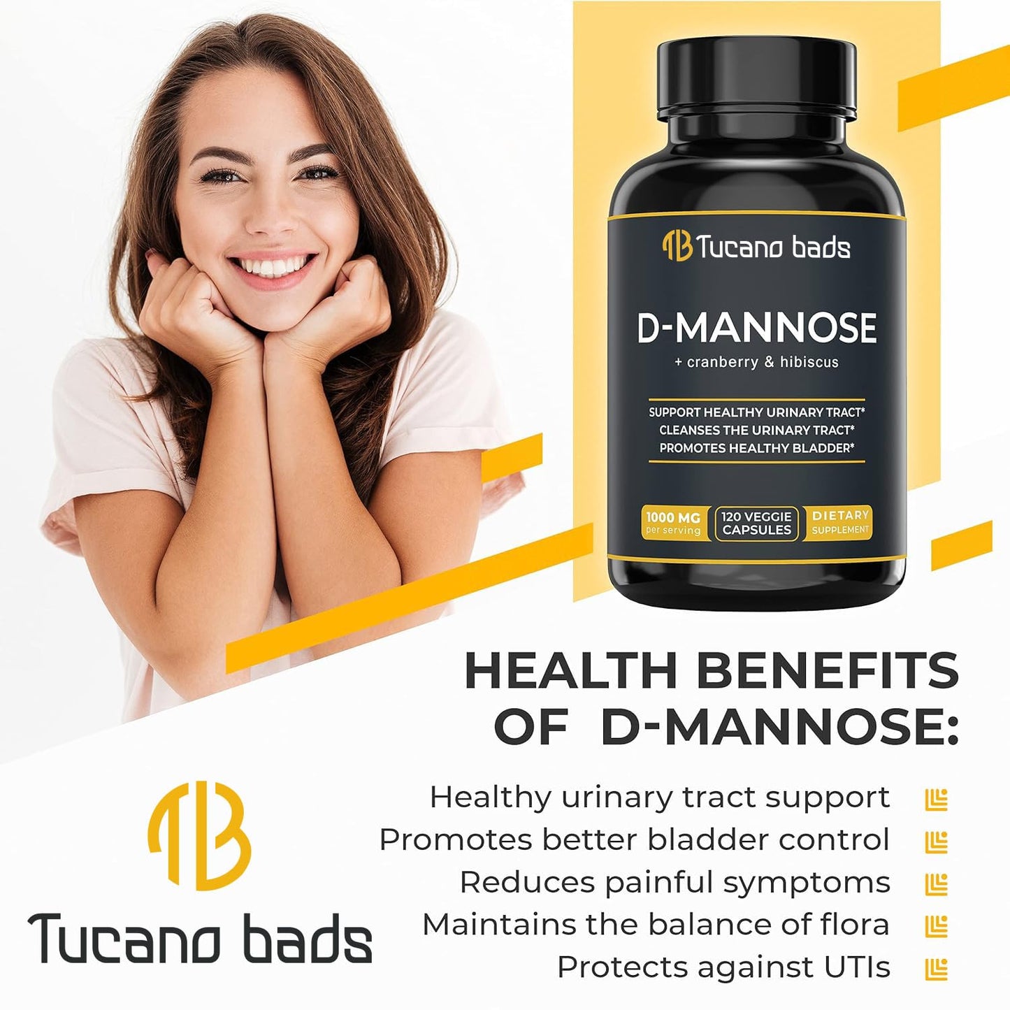 Tucano Bads D-Mannose 1000mg Capsules with Cranberry and Hibiscus for Urinary Tract Support, 1 Count