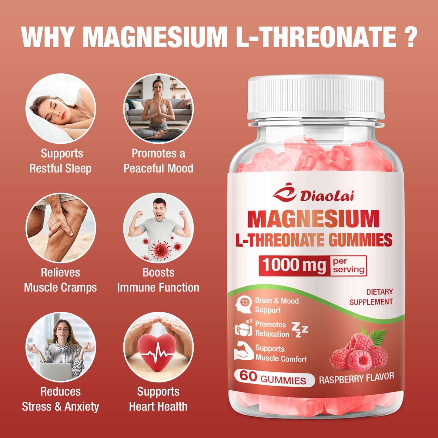 DIAOLAI Magnesium L-Threonate Gummies 1000mg, 2 Count