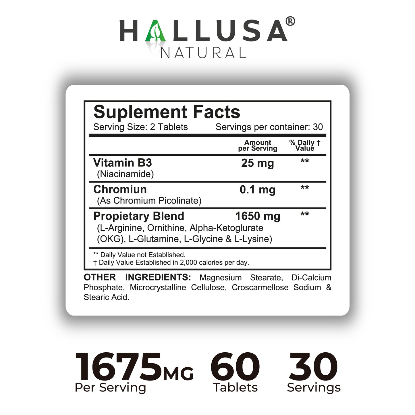 Hallusa Natural HGH-Releasing Support Supplement with L-Arginine & Ornithine 60 Tablets