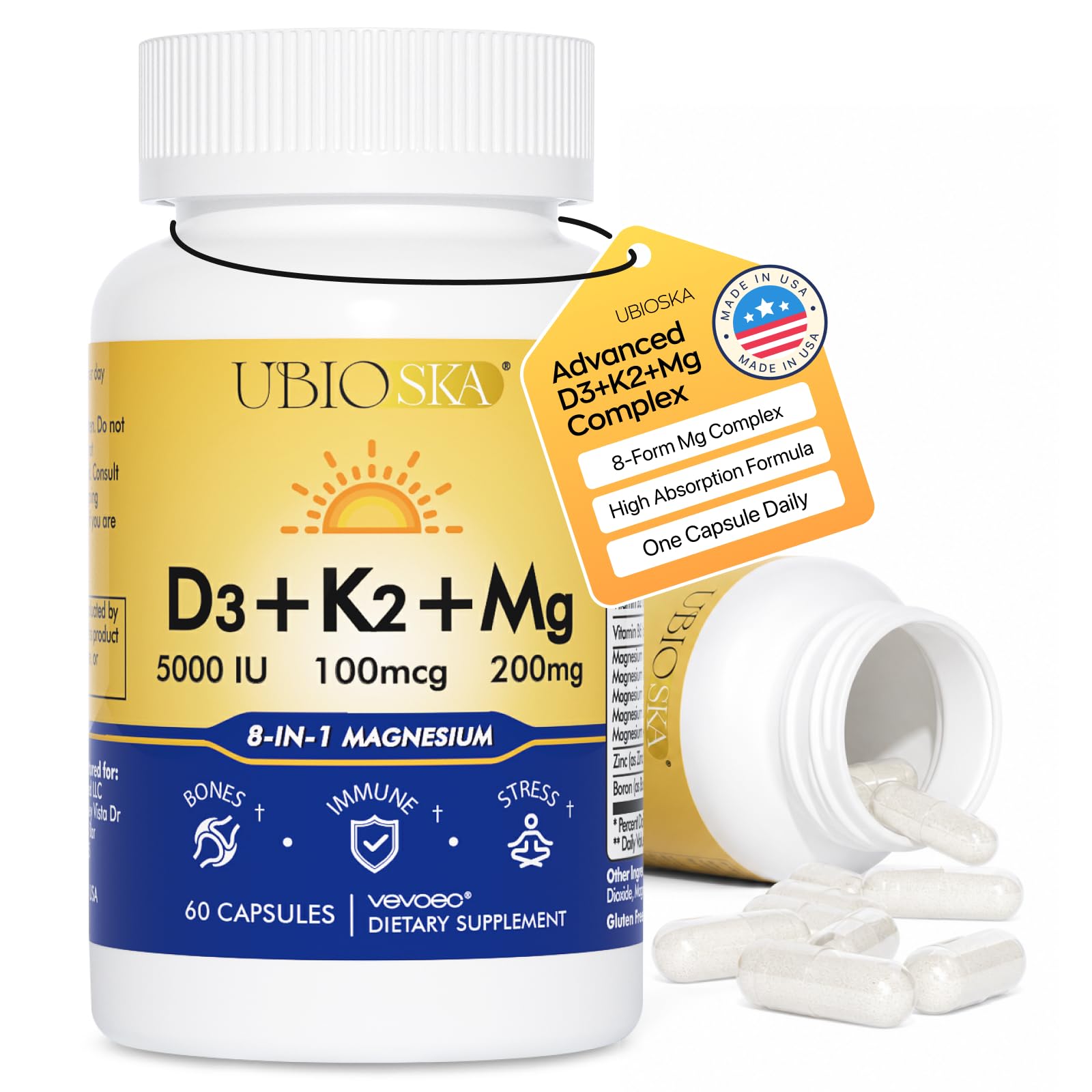 UBIOSKA Vitamin D3 K2 Magnesium Capsule, 2-Pack