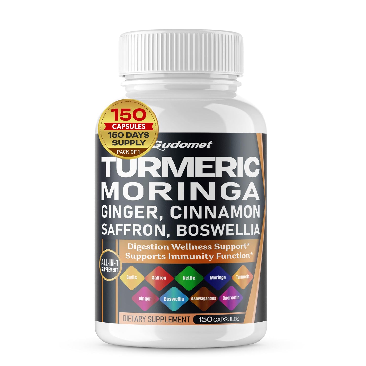 GUDOMET Turmeric Moringa Ginger Boswellia Quercetin Cinnamon Saffron Tart Cherry Odorless Garlic Nettle 150 Capsules