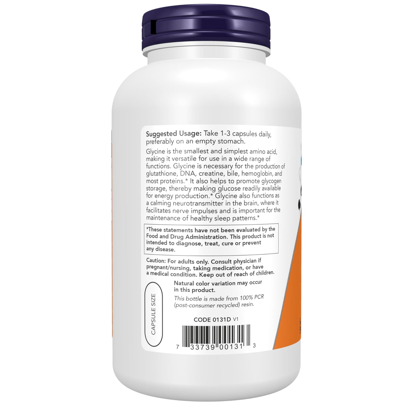 NOW Foods Glycine 1,000 mg Free-Form Neurotransmitter Support, 250 Veg Capsules