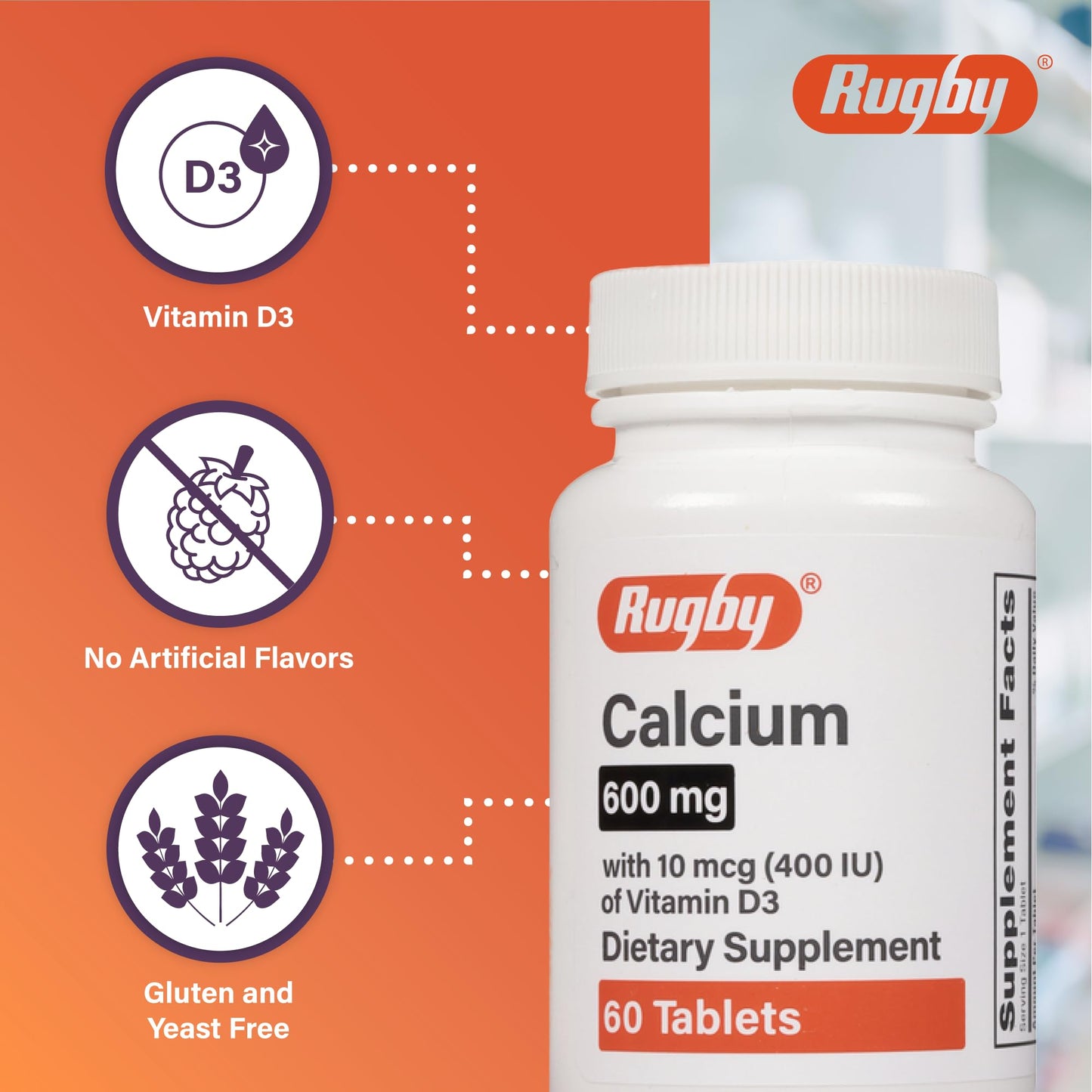 Rugby Laboratories Calcium Tablets 600mg 60 Count