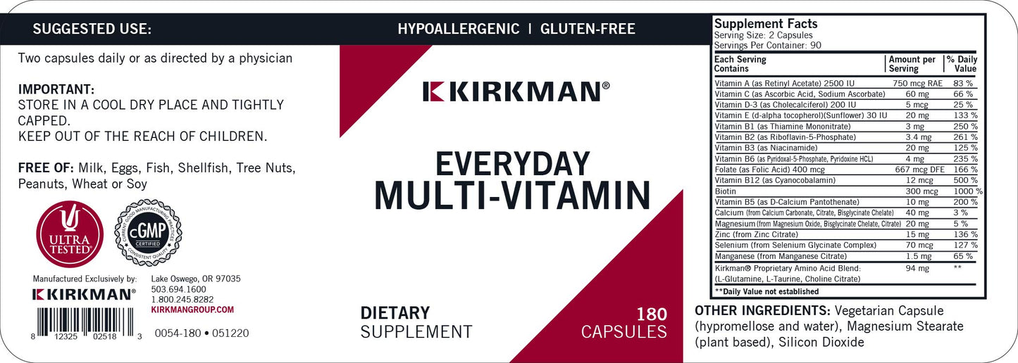 Kirkman EveryDay Multi-Vitamin Capsules 180 Count