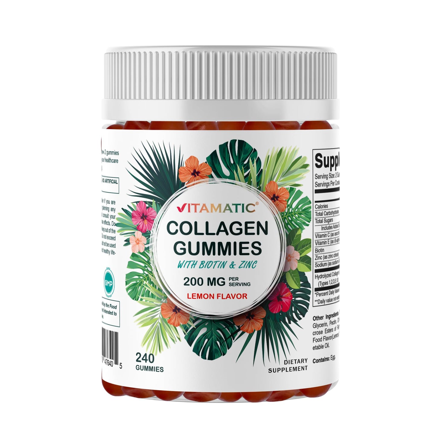 Vitamatic Hydrolyzed Collagen Gummies with Vitamin C, Zinc and Biotin, 200 mg - Healthy Skin Support, 240 Gummies