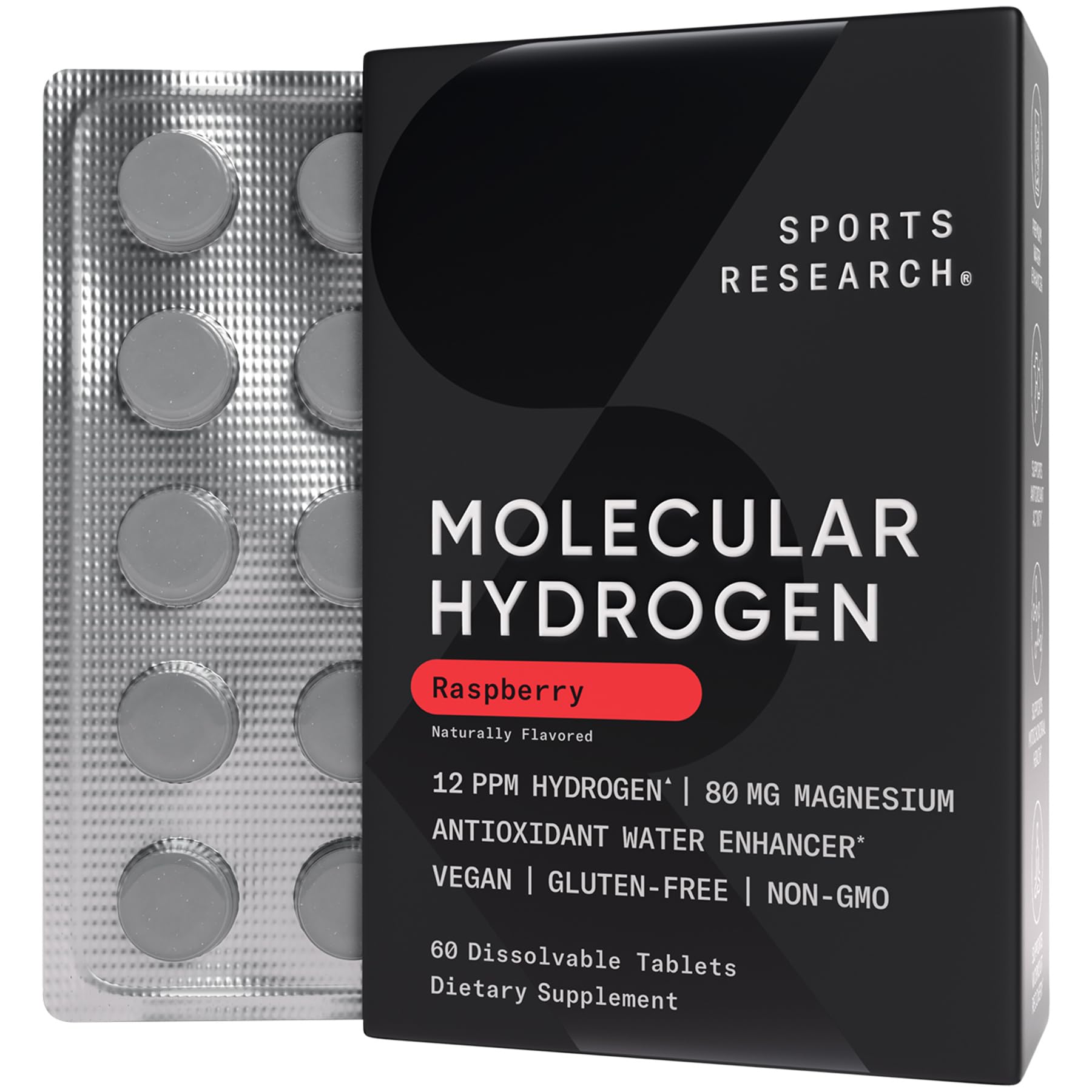 Sports Research Molecular Hydrogen Water Tablets - Fast Dissolve H2 Tablets with Magnesium - Raspberry Flavor, 60 Tablets