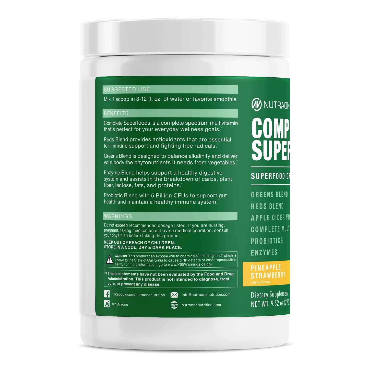 NutraOne Complete Superfoods, Greens & Reds Blend, Apple Cider Vinegar, Digestive Enzyme Blend, Probiotic Blend, Multivitamin (Pineapple Strawberry - 30 Servings) Cannister Pineapple Strawberry Powder 9.31 Ounce