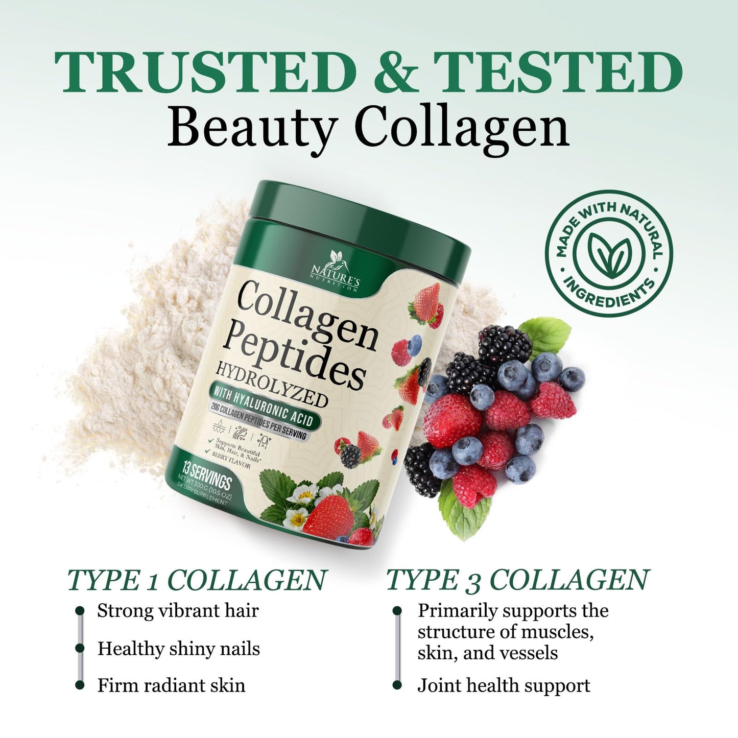Nature's Nutrition Collagen Peptides Powder, Hydrolyzed Type I & III Berry Flavor with Biotin, Hyaluronic Acid, Vitamin C, Hair, Skin & Nails Support, 10.5 oz