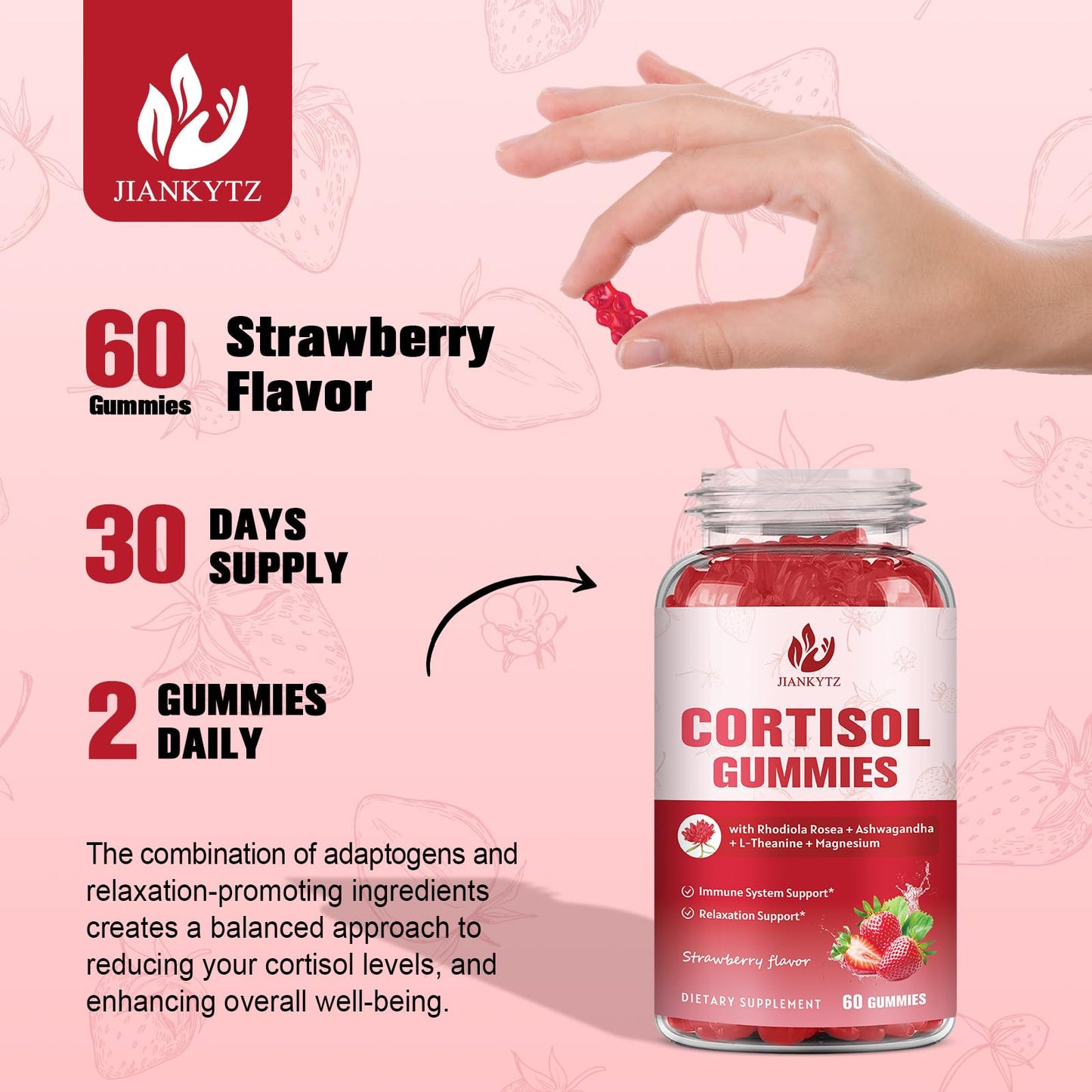 JIANKYTZ Cortisol Gummies for Women with Ashwagandha, Rhodiola Rosea, L-Theanine, Magnesium, Vitamin D3 for Zzz Support, Balanced Cortisol, Vegan, 60 Gummies