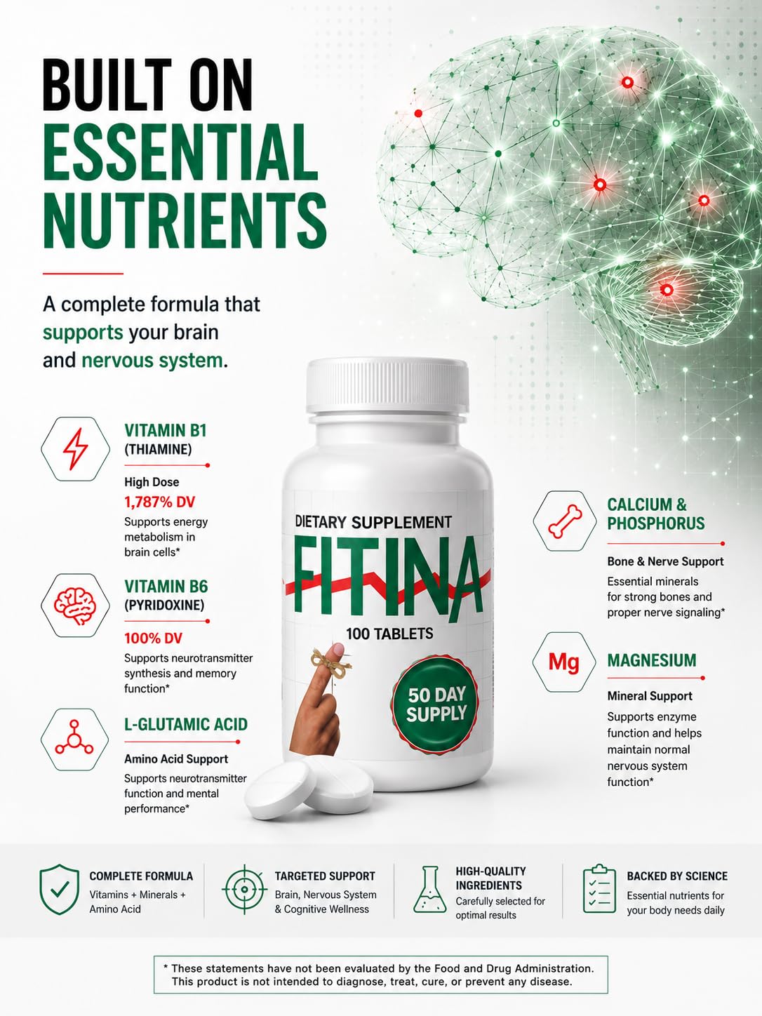 Fitina Brain Supplement with Vitamin B6 & Thiamine for Memory, Focus and Cognitive Support Capsule 100
