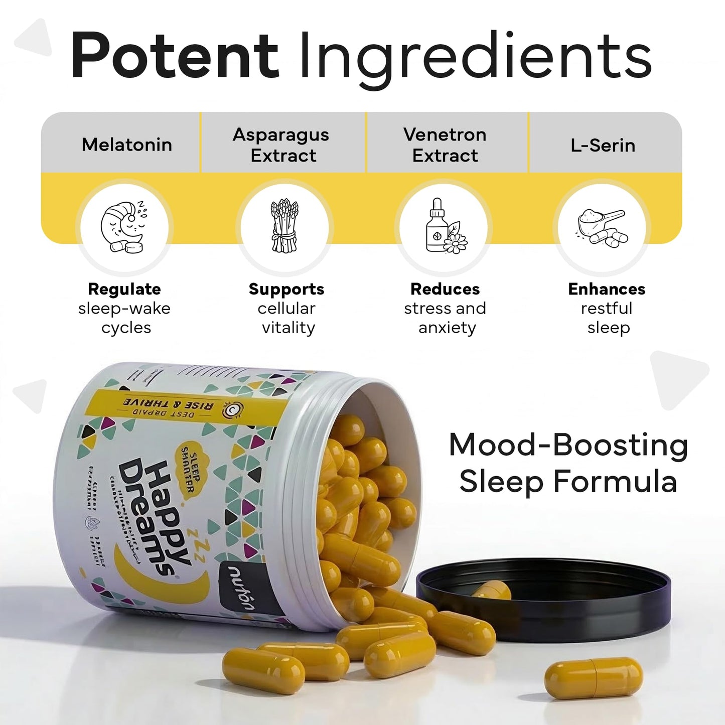 Nuton Happy Dreams Natural Sleep Aid Supplement & Cellular Vitality Melatonin Sleep Aid for Adults, Time Release Formula with ETAS Asparagus, L-Serine and Venetron Extract, 60 Capsules