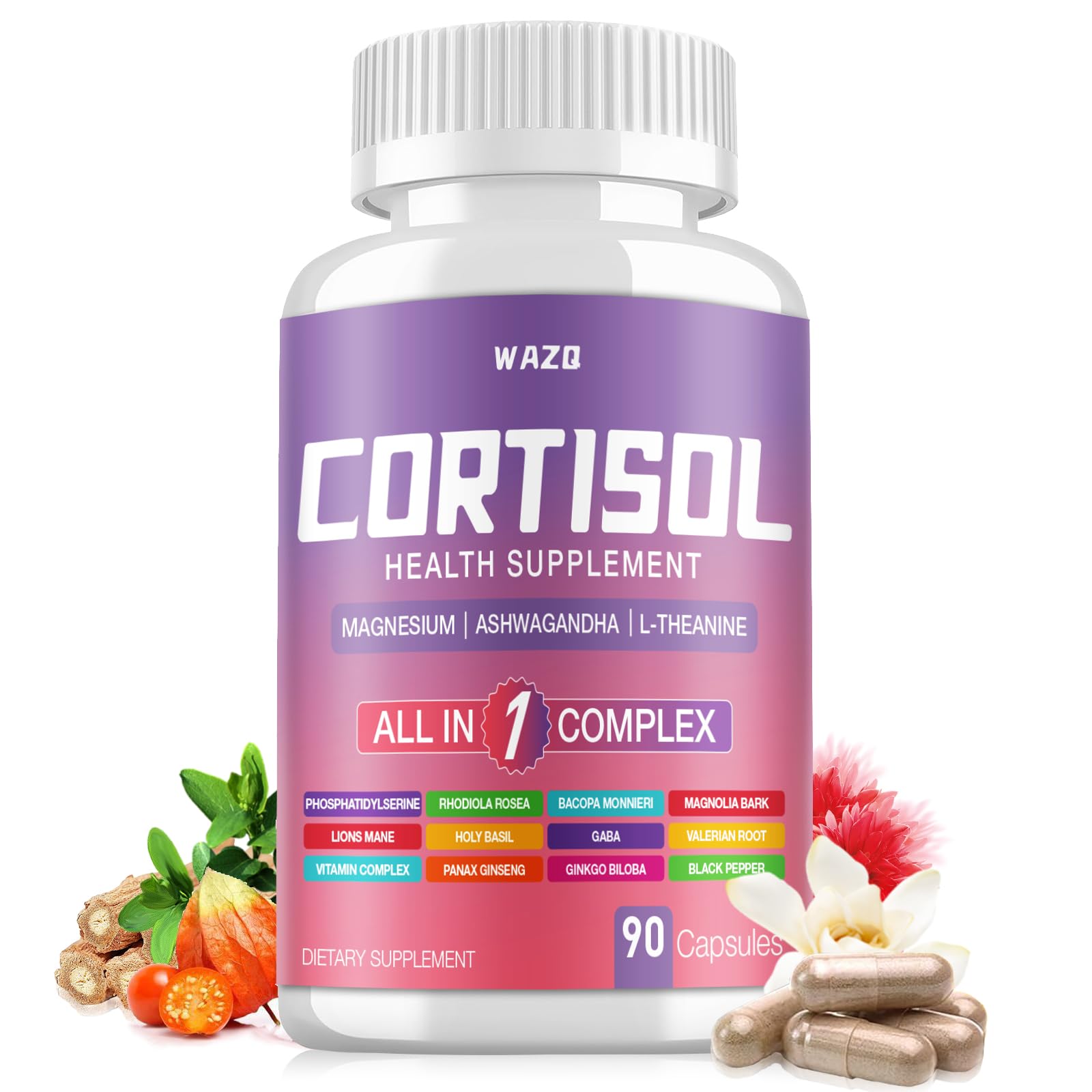 WAZQ Cortisol Supplement for Women, Cortisol Reducer with Magnesium Glycinate, Ashwagandha & L-Theanine, High Cortisol Manager, Hormone Balance for Women, Soy-Free, Gluten-Free, Vegan, 90 Capsules