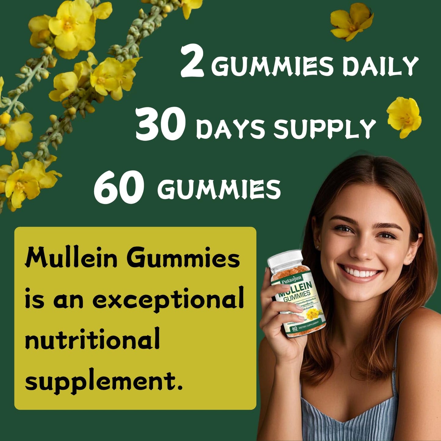Putaojun Organic Mullein Gummies for Lungs, 2000mg Mullein Leaf Extract with Quercetin & Bromelain, Mango Flavor, Sugar-Free, Vegan, 60 Count
