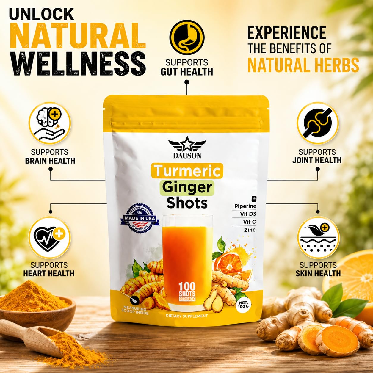 DAUSON Turmeric Shots for Joint Pain, Immune Boost, Gut Health Powder 100 Servings