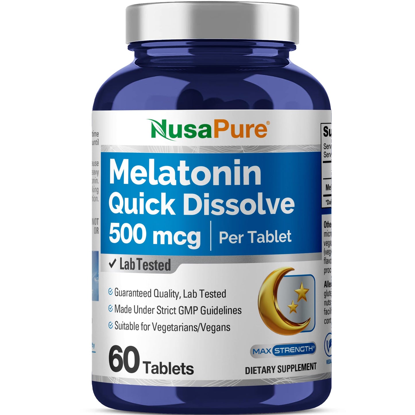 NusaPure Melatonin Quick Dissolve, Vegan, Non-GMO, 500mcg, 60 Tablets