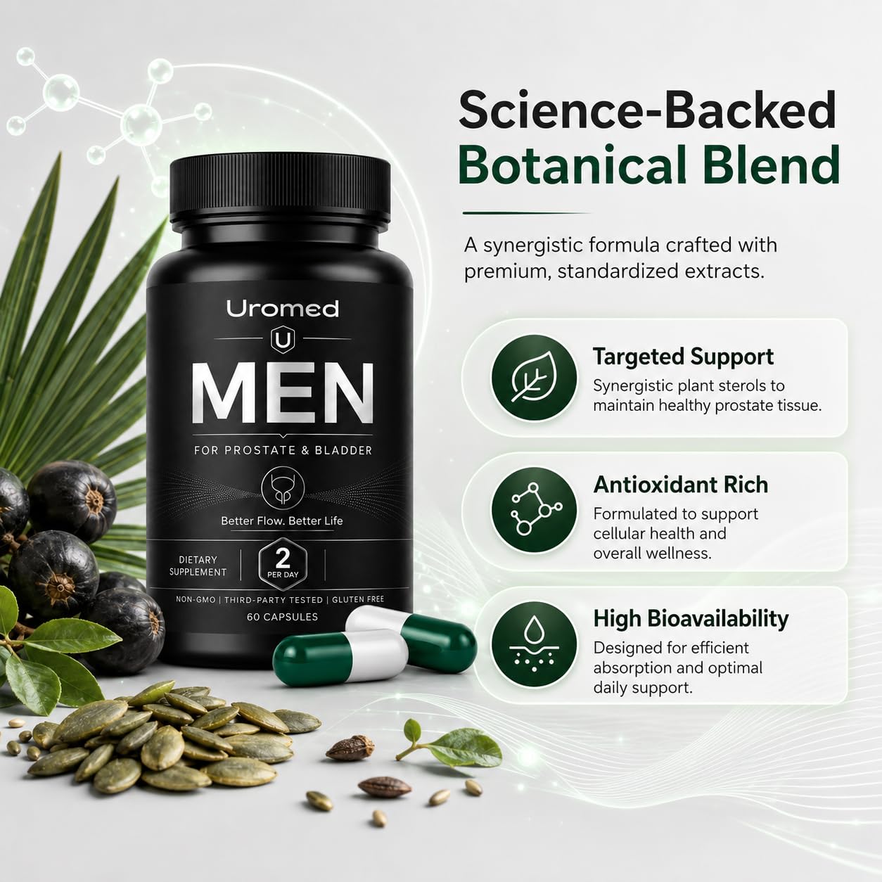 Fari Hair Uromed Men’s Daily Wellness Support Supplement with Pumpkin Seed, Saw Palmetto, 60 Capsules