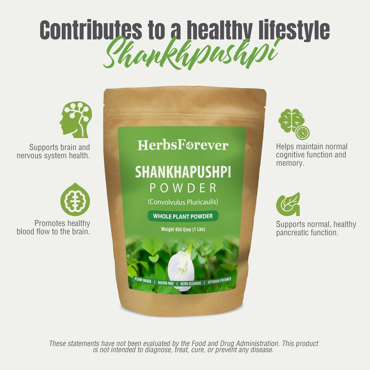 Herbsforever Shankhpushpi (Convolvulus Pluricaulis) Whole Plant Powder, 16 oz