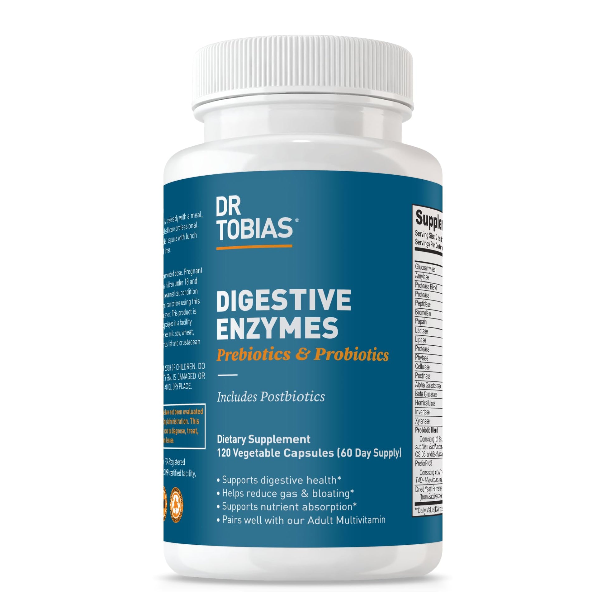 Dr. Tobias Digestive Enzymes with Probiotics, Prebiotics and Postbiotics Bromelain, Amylase, Lipase Capsules 120