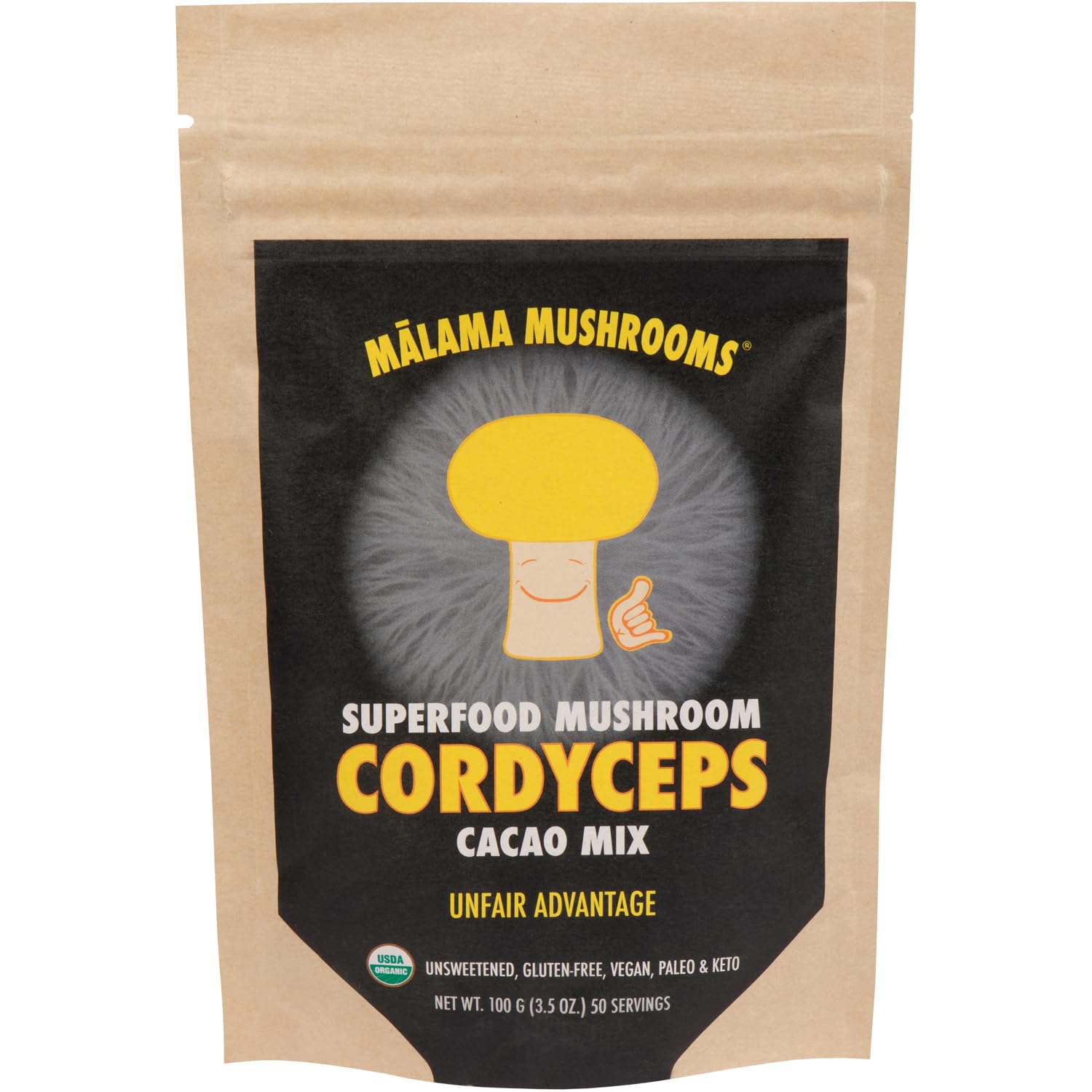 Malama Mushrooms Organic Mushroom Hot Cacao Mix with Cordyceps Mushroom Powder, Powder, 3.5 oz