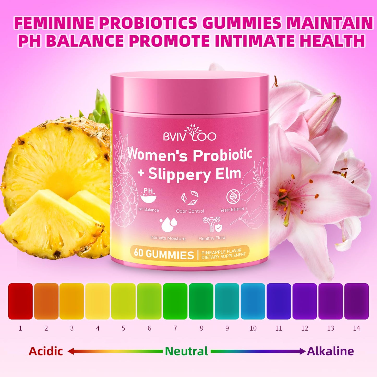 BVIVLOO Women's Probiotic Slippery Elm Gummies, 60 Count