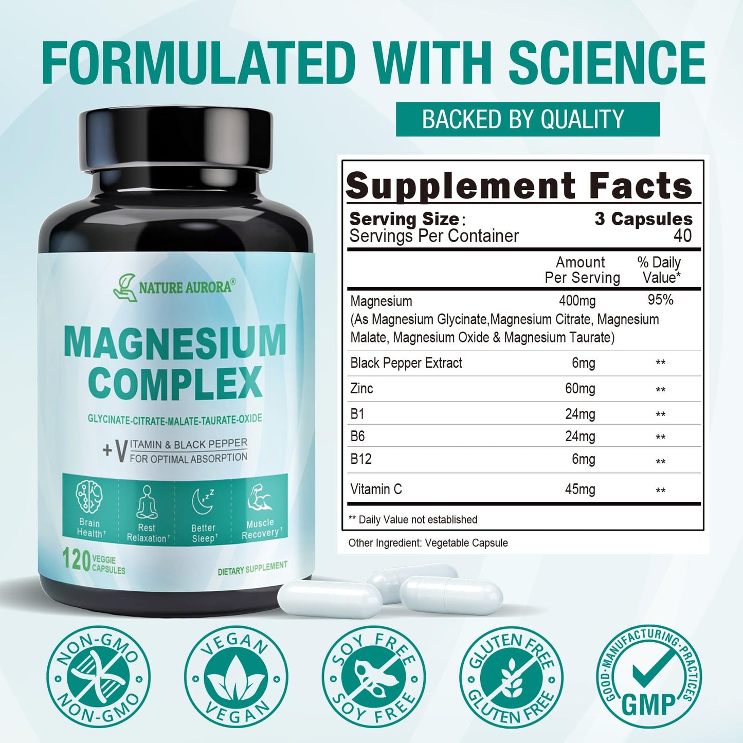 Nature Aurora Magnesium Complex 400mg 5-in-1 Magnesium Supplement, Vegan, 120 Capsules