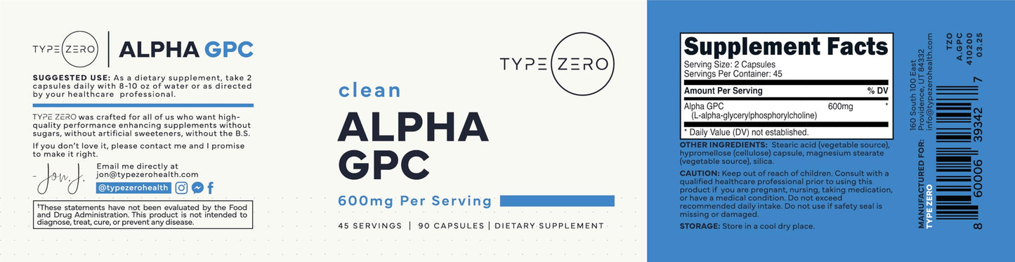 Type Zero Ultra Clean Alpha GPC Choline Supplement Capsule, 90 Capsules