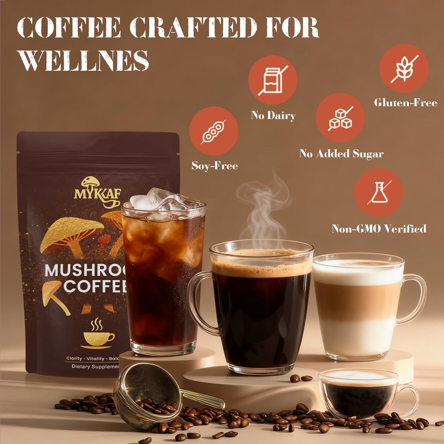 MYKAF Mushroom Coffee 6 in 1 Organic Instant Coffee Powder (6.35)